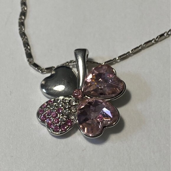 Austrian Crystal Clover Hearts Necklace W/ Swarovski Elements Pink Pendant 16in - Picture 4 of 5